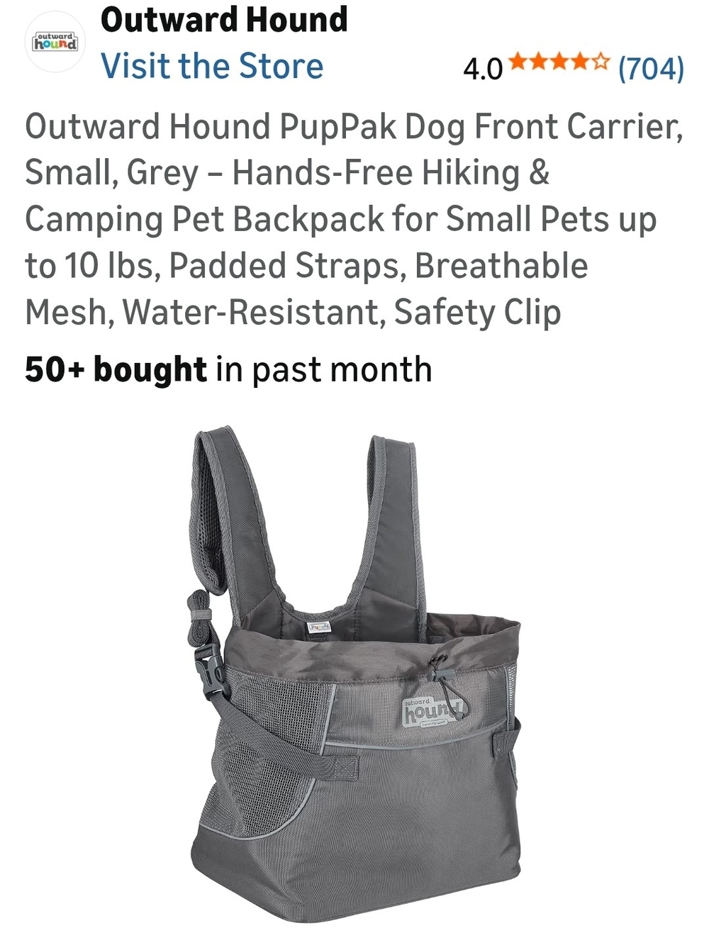 Outward Hound Grey Front-Load PupPak Hands-Free Dog Carrier